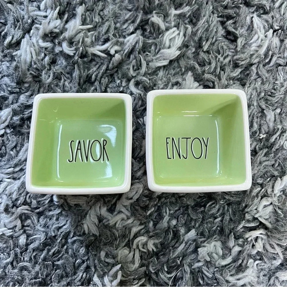 Rae‎ Dunn Savor and Enjoy Square Ceramic Bowl Set Green FabFitFun Gift 3” - Picture 1 of 8